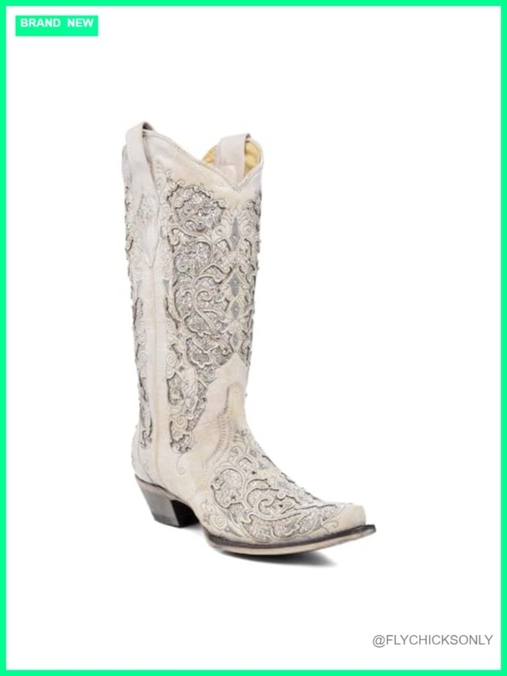 Western Snip Toe Wedding Boots Genuine Leather Floral Embellished Mid-Calf